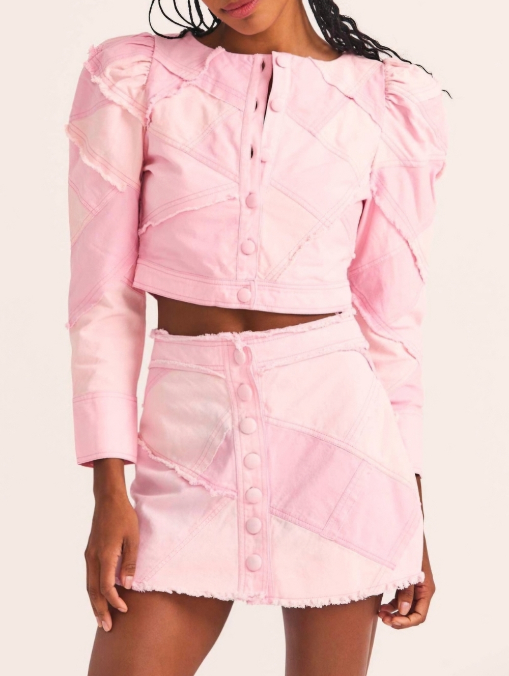 LOVESHACKFANCY Cayde MINI Skirt in Pastel Pink Colorblock Patchwork Button-Front